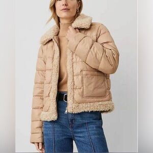 Ann Taylor Weekend Tan Puffer Jacket with Faux Shearling Trim Size XS
